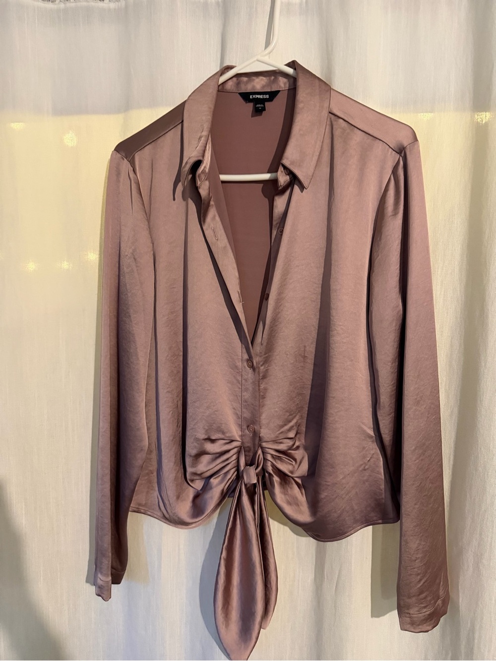 Express Mauve Satin Tie-Front Button Down Shirt